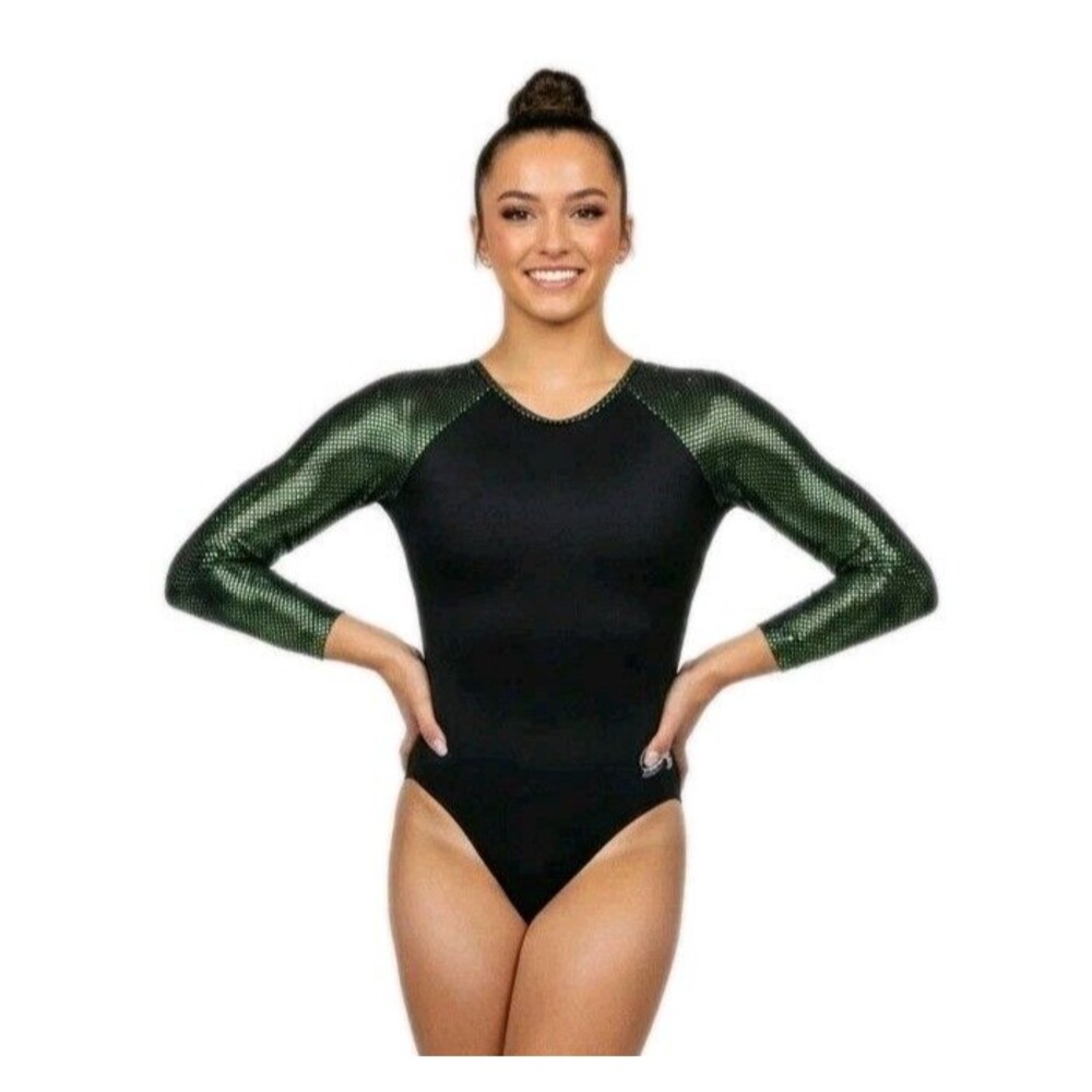 GK Elite VTG Mermaid Pixel Green Pink Metallic Competition LS Leotard AXS Black